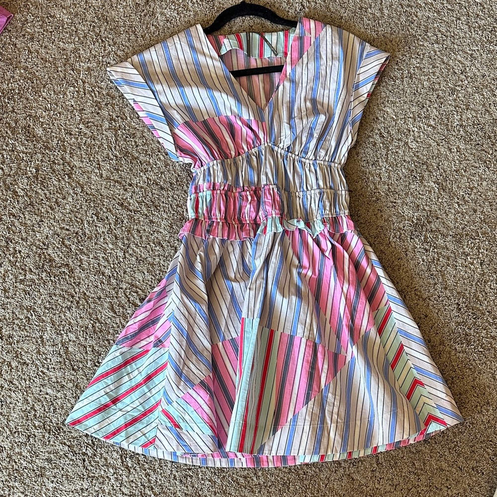 Anthropologie Striped Mini Dress in Pink, purple & Blue fit and flare v neck
